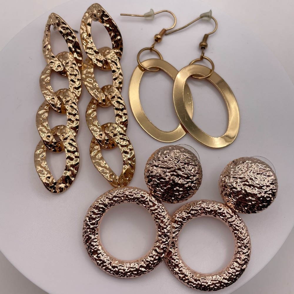 Vintage Y2K Gold Tone Textured Statement Hoop Dangle Earrings Lot Set 3 Pairs